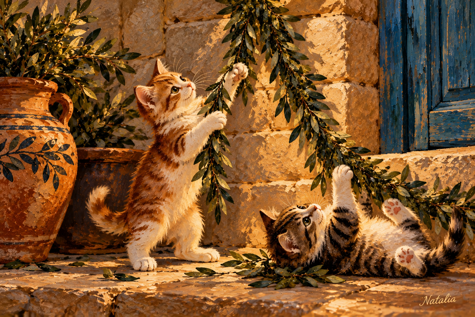Kittens & Olive Garland — Art Print · Christmas