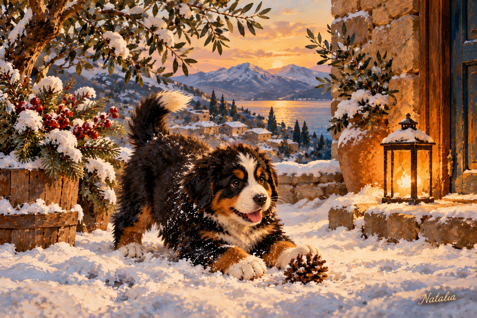 Winter Paws at Sunset — Art Print · Christmas