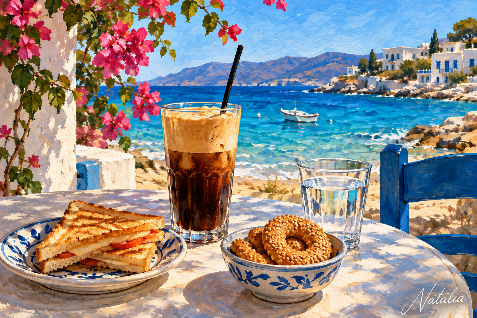 Frappe by the Aegean — Hand-Painted Artwork (Guided Painting) · Food & Drinks